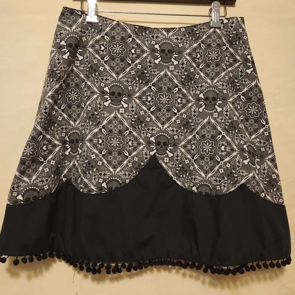 Rock Steady Grey, Black and White Skull Rockabilly skirt with pom poms